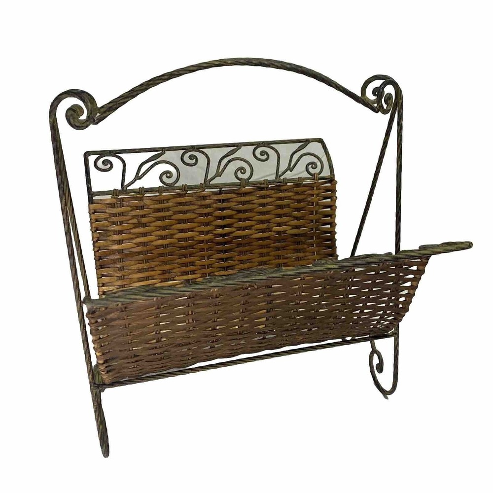 Vintage Folding Rattan Wicker Wrought Iron Magazine Rack Mid Century Boho‎ Retro